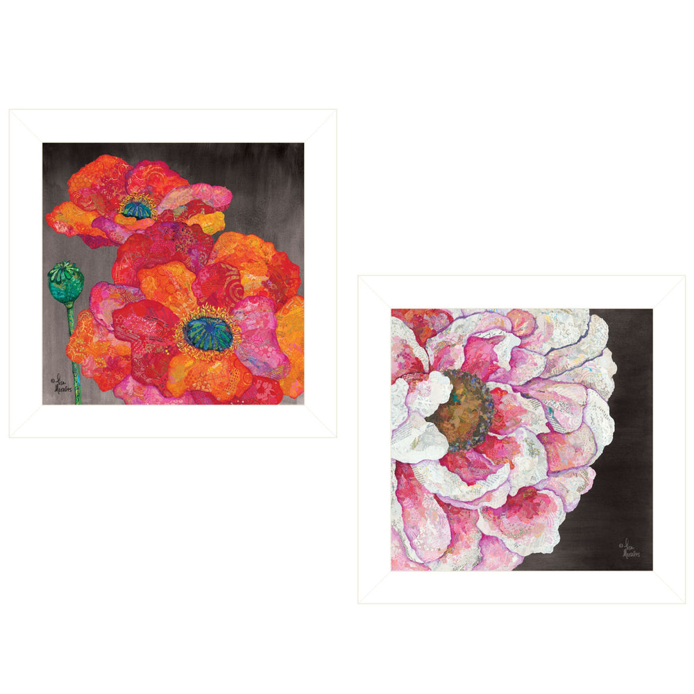 Homeroots Set Of Two Blooms On Black 1 White Framed Print Wall Art  Paper,Wood 406091