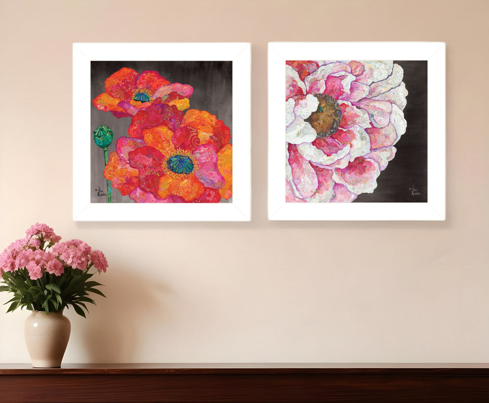 Homeroots Set Of Two Blooms On Black 1 White Framed Print Wall Art  Paper,Wood 406091