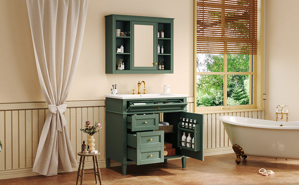 English Elm 36'' Modern Bathroom Vanity With Mirror Cabinet, Soft-Close Doors & Spacious Drawers For Storage SW000134AAF-1