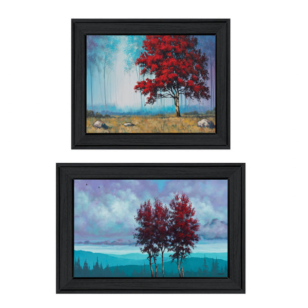 Homeroots Set Of Two Red Trees 2 Black Framed Print Wall Art  Paper,Wood 406113