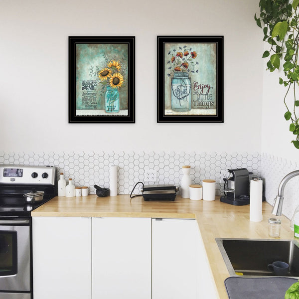 HomeRoots Set of Two Uplifting Black Framed Prints - "Enjoy the Little Things" & "Happiness" Wall Art Decor 406118