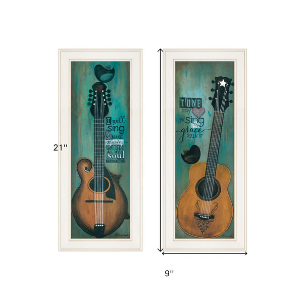 Homeroots Set Of Two Tune My Heart And I Will Sing 1 White Framed Print Wall Art  Paper,Wood 406119