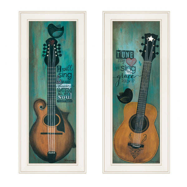 Homeroots Set Of Two Tune My Heart And I Will Sing 1 White Framed Print Wall Art  Paper,Wood 406119
