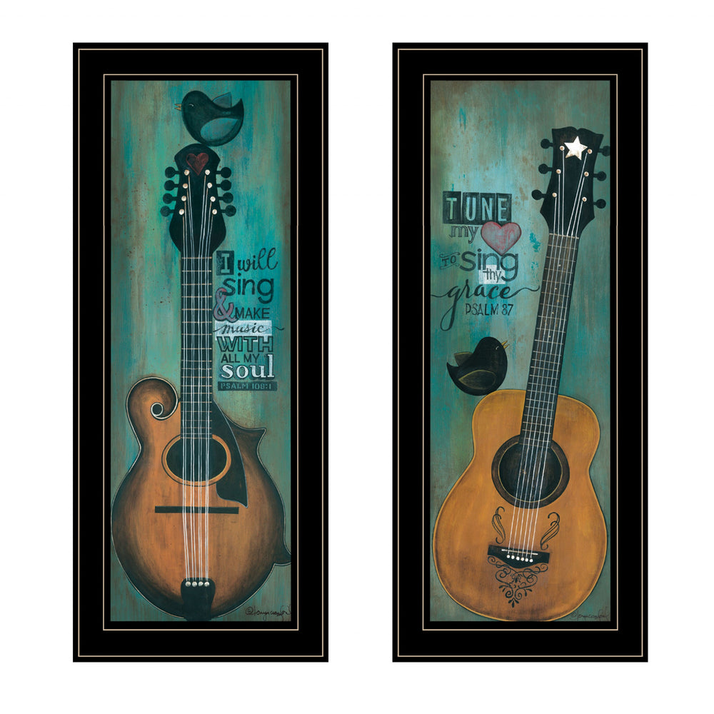 Homeroots Set Of Two Tune My Heart And I Will Sing 2 Black Framed Print Wall Art  Paper,Wood 406120