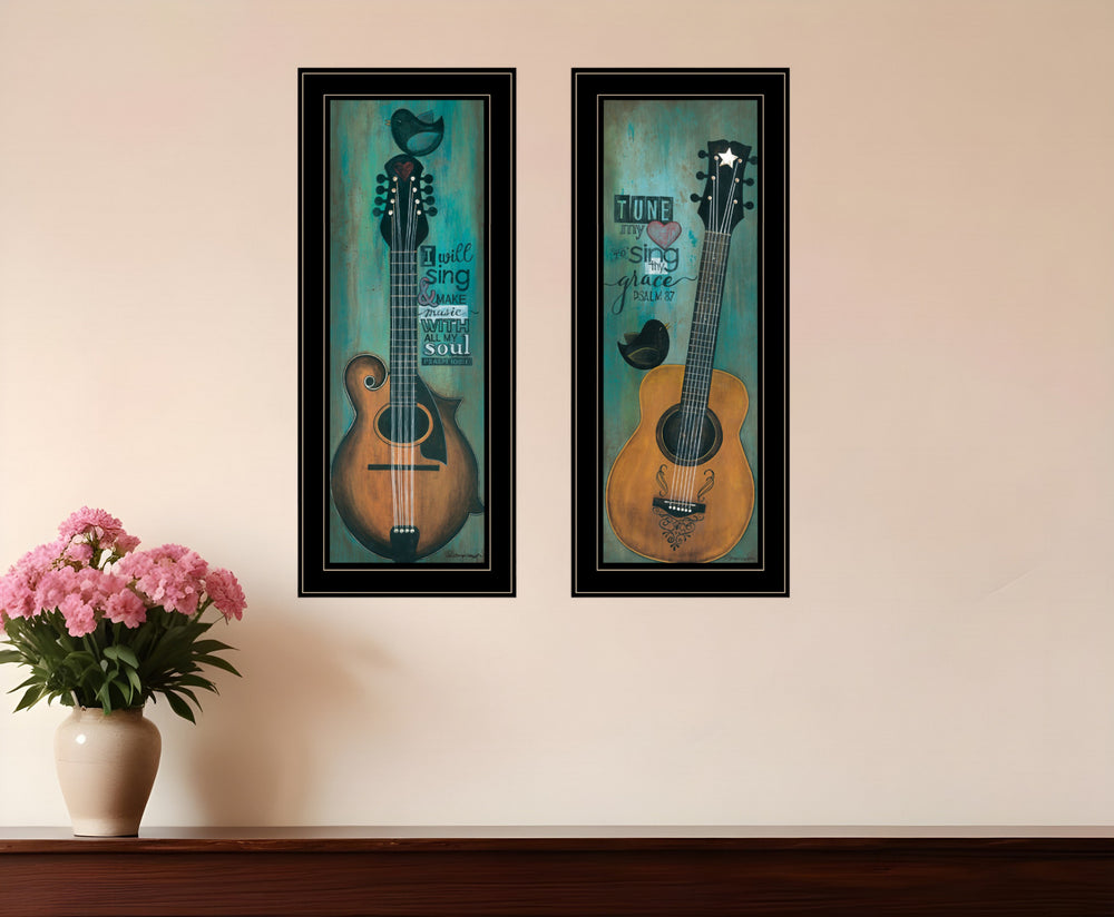 Homeroots Set Of Two Tune My Heart And I Will Sing 2 Black Framed Print Wall Art  Paper,Wood 406120