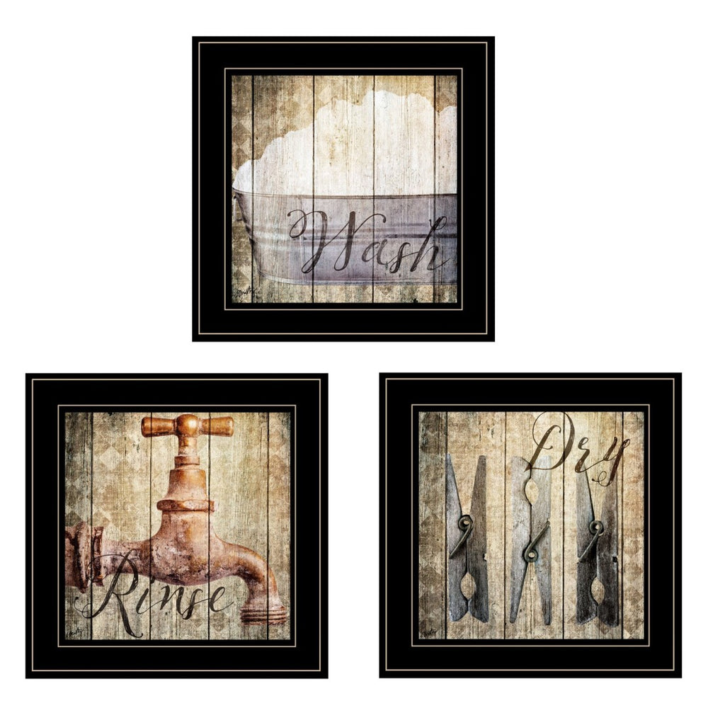 HomeRoots Set of Three Contemporary Black Framed Prints - Bold Bathroom Wall Art for Modern Decor Styles 406122