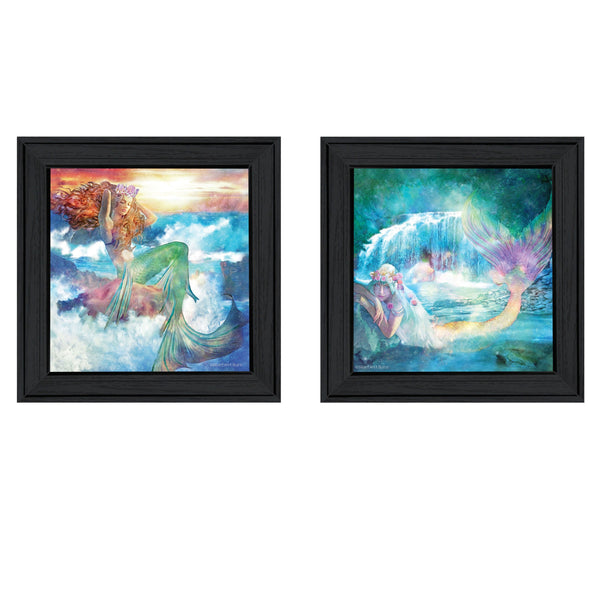 Homeroots Set Of Two Mermaids 2 Black Framed Print Wall Art  Wood Paper 406126