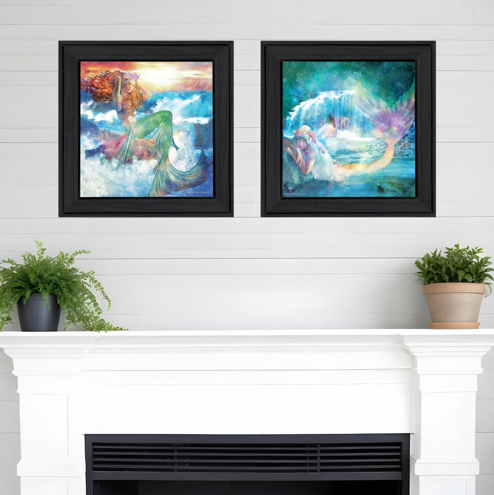Homeroots Set Of Two Mermaids 2 Black Framed Print Wall Art  Wood Paper 406126