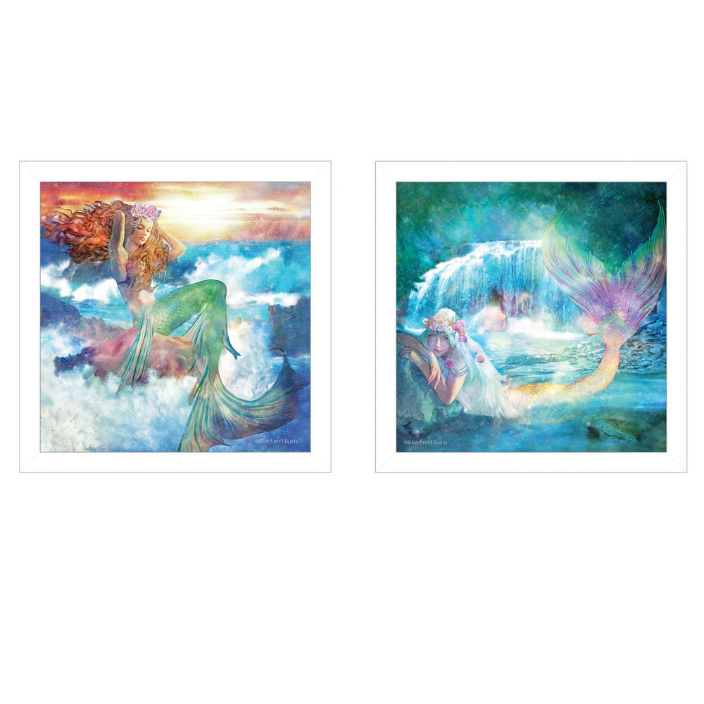 Homeroots Set Of Two Mermaids 3 White Framed Print Wall Art  Wood Paper 406127
