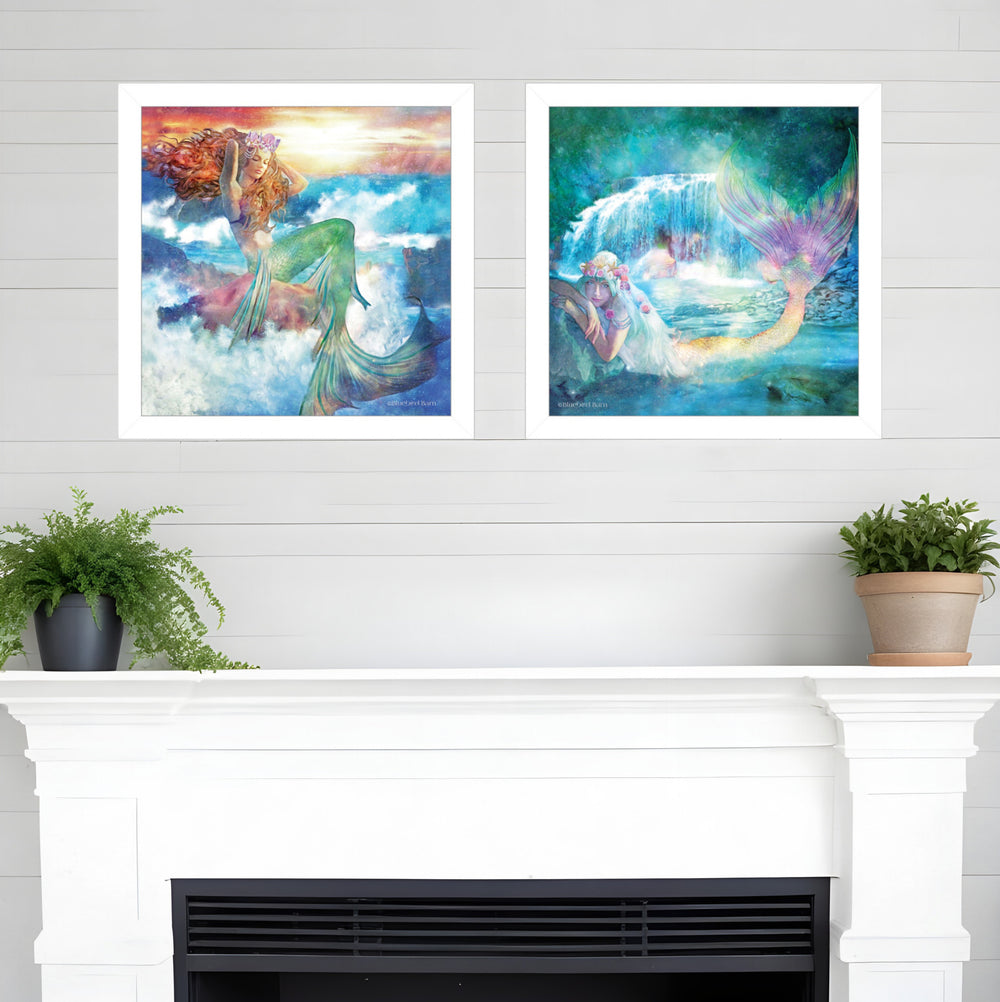 Homeroots Set Of Two Mermaids 3 White Framed Print Wall Art  Wood Paper 406127