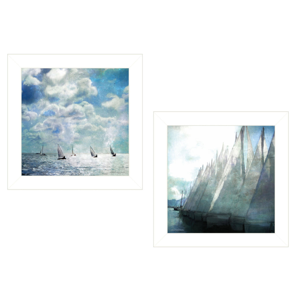 Homeroots Set Of Two Sailboat Marina 1 White Framed Print Wall Art  Wood Paper 406133