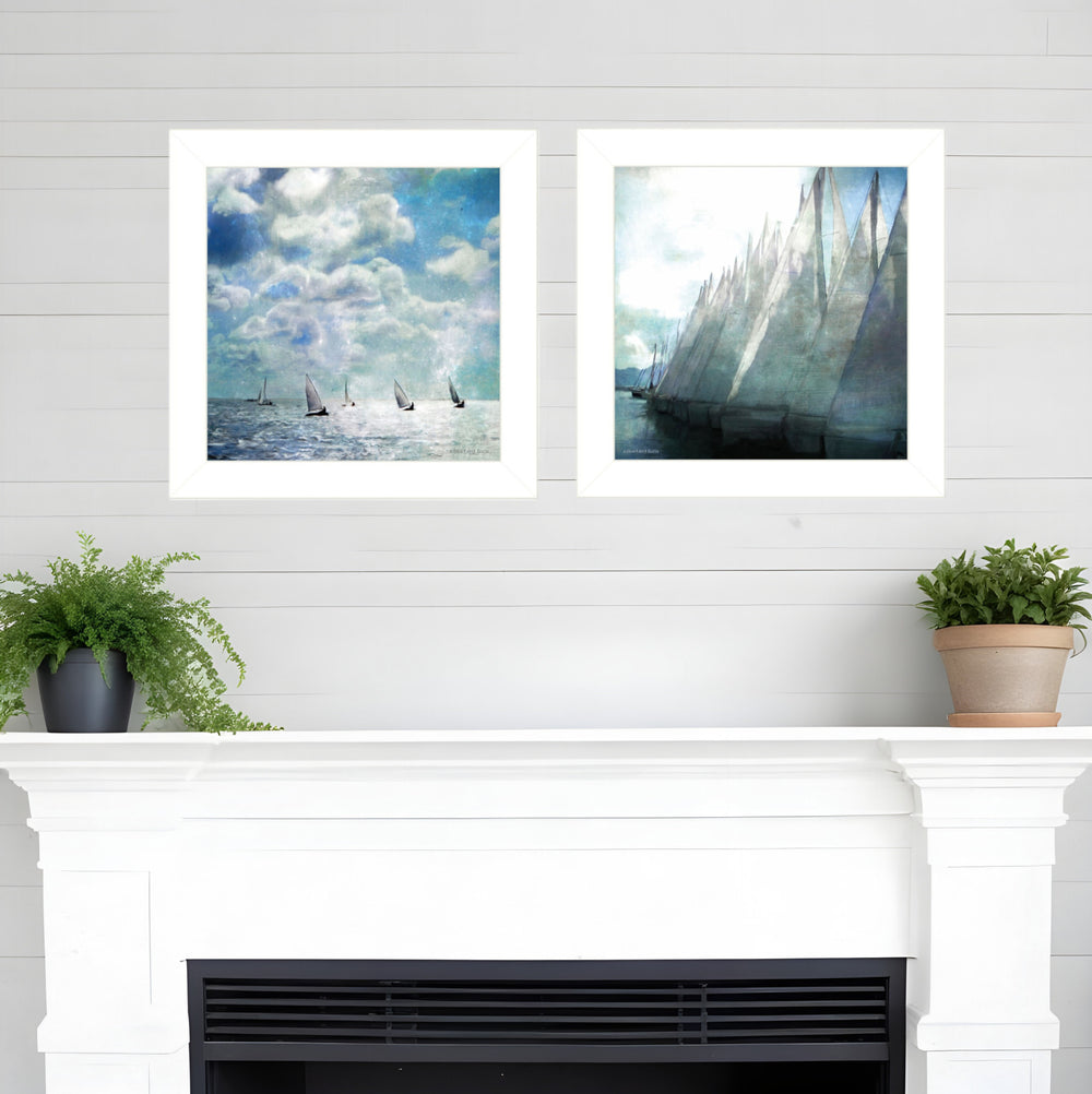 Homeroots Set Of Two Sailboat Marina 1 White Framed Print Wall Art  Wood Paper 406133