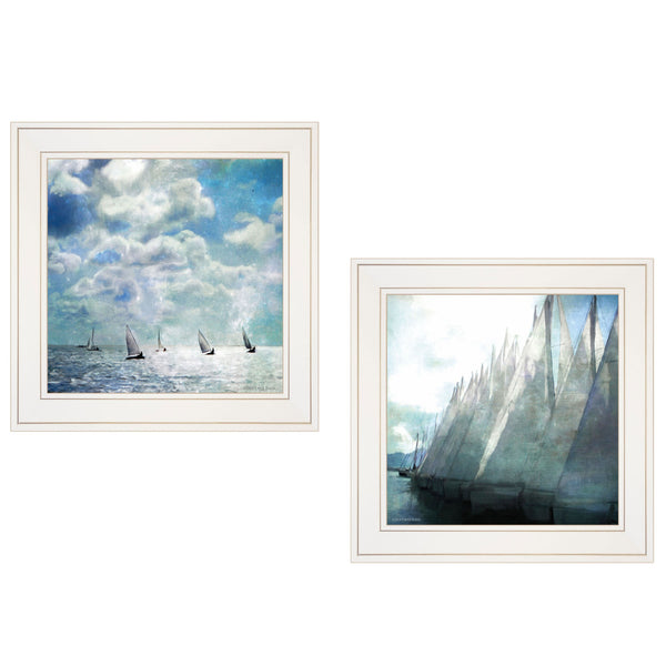 Homeroots Set Of Two Sailboat Marina 2 White Framed Print Wall Art  Wood Paper 406134