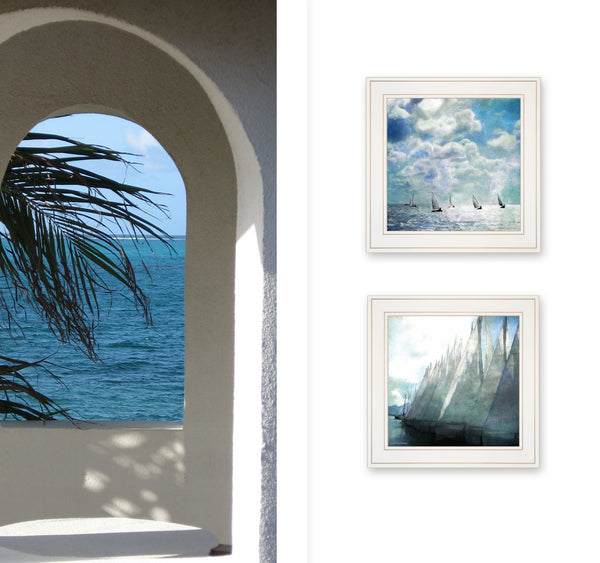 Homeroots Set Of Two Sailboat Marina 2 White Framed Print Wall Art  Wood Paper 406134