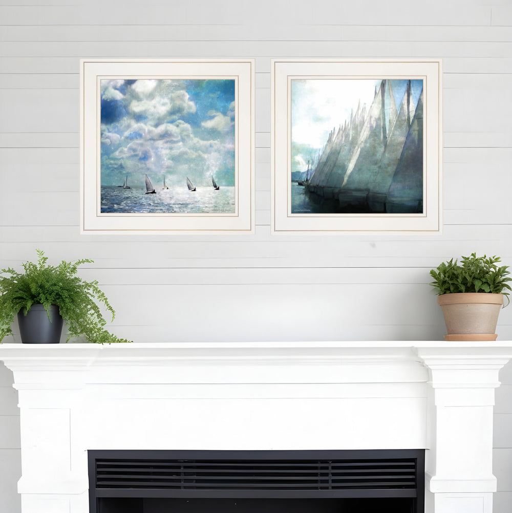 Homeroots Set Of Two Sailboat Marina 2 White Framed Print Wall Art  Wood Paper 406134