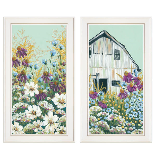 Homeroots Set Of Two Floral Field 1 White Framed Print Wall Art  Wood Paper 406138
