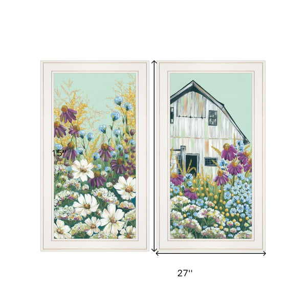 Homeroots Set Of Two Floral Field 1 White Framed Print Wall Art  Wood Paper 406138