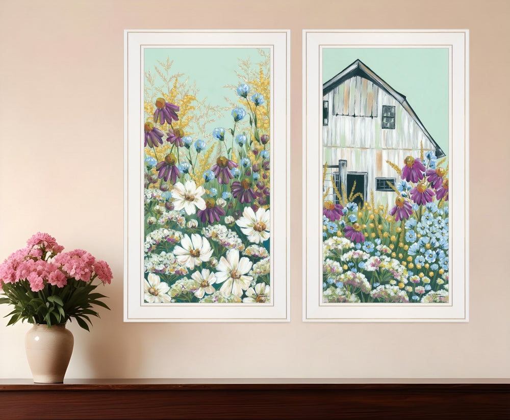 Homeroots Set Of Two Floral Field 1 White Framed Print Wall Art  Wood Paper 406138