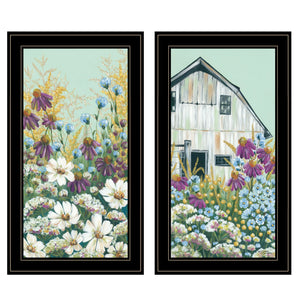 Homeroots Set Of Two Floral Field 2 Black Framed Print Wall Art  Wood Paper 406139