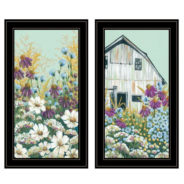 Homeroots Set Of Two Floral Field 2 Black Framed Print Wall Art  Wood Paper 406139
