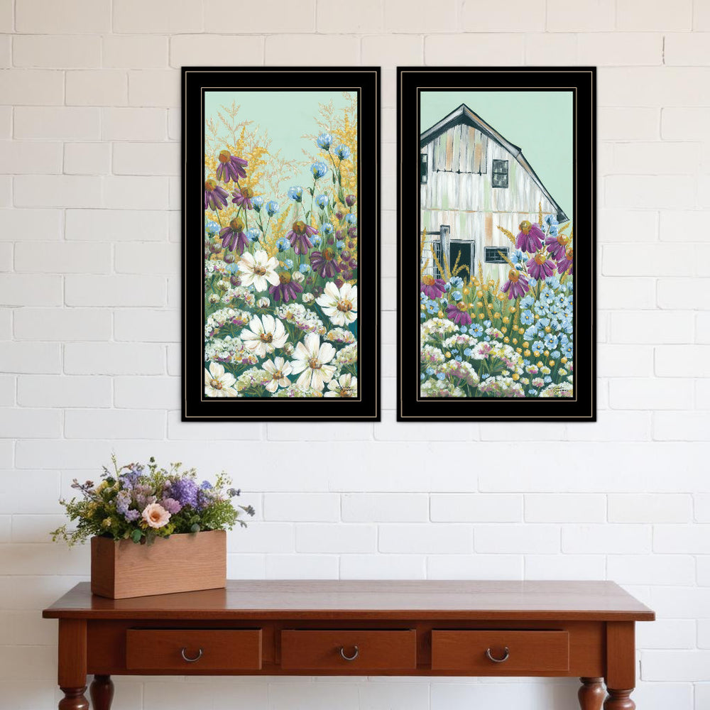 Homeroots Set Of Two Floral Field 2 Black Framed Print Wall Art  Wood Paper 406139