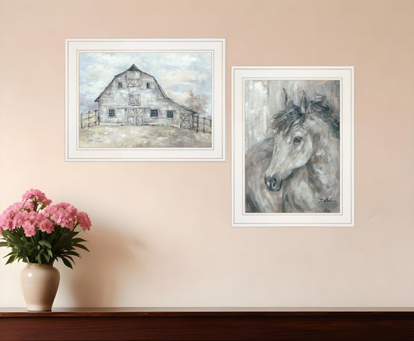 Homeroots Set Of Two True Spirit Horses 1 White Framed Print Wall Art  Wood Paper 406142