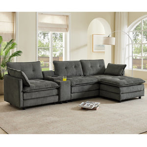 English Elm 119" Tufted Corduroy L-shaped Sectional with Ottoman Console Usb Charging 4 Seat Grey W1998S00102