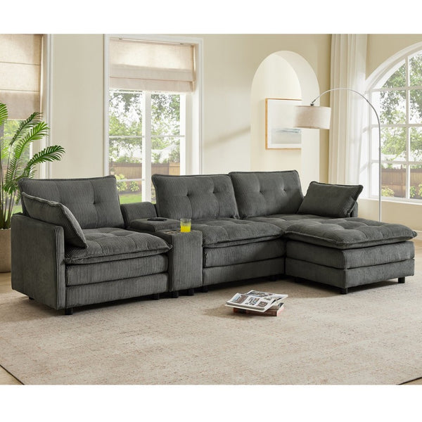 English Elm 119" Tufted Corduroy L-shaped Sectional with Ottoman Console Usb Charging 4 Seat Grey W1998S00102