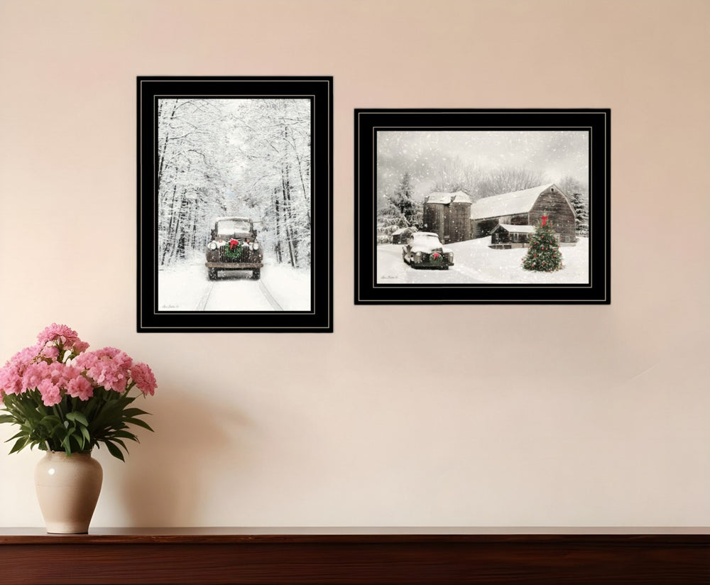 HomeRoots Set of Two Antique Christmas Prints in Black Frames - Vintage Holiday Wall Art for Home Décor 406150