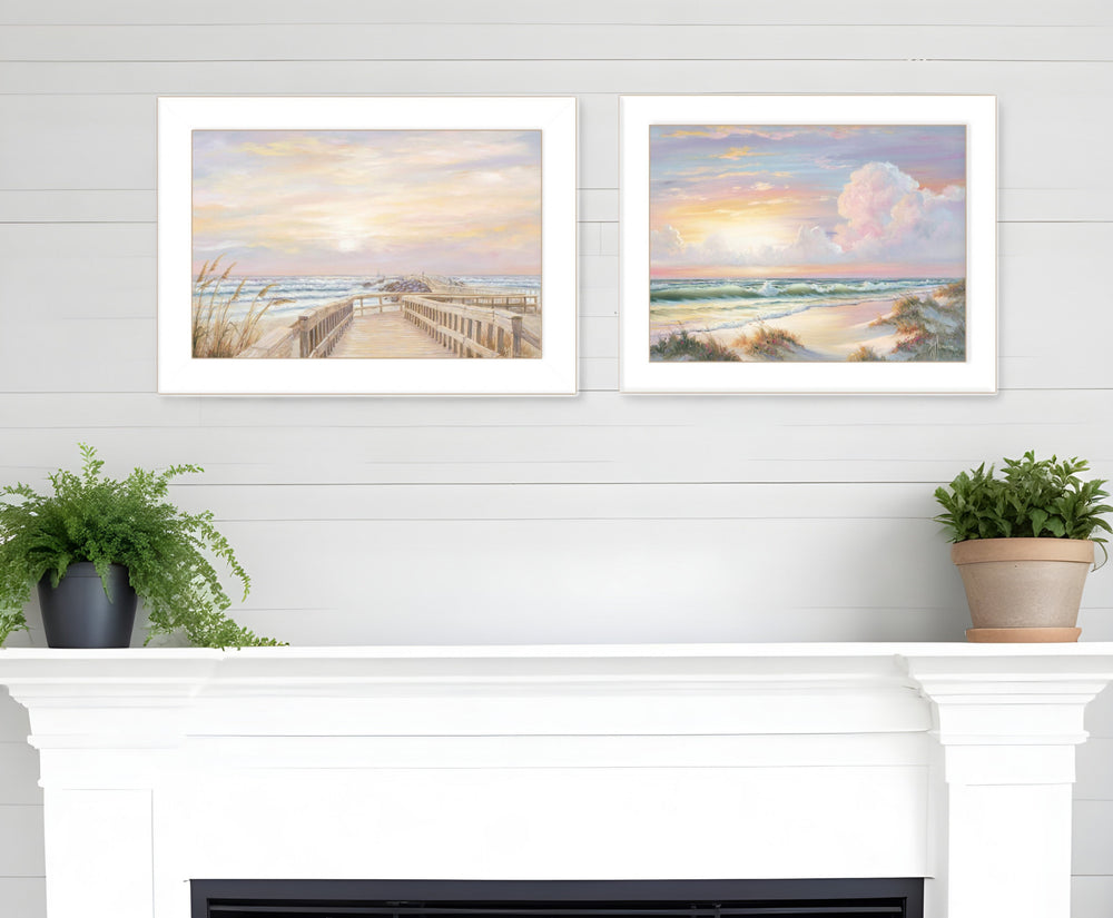 Homeroots Set Of Two Sunrise Sunset 1 White Framed Print Wall Art  Wood Paper 406155
