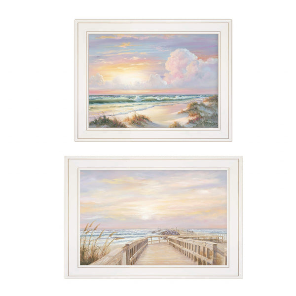 Homeroots Set Of Two Sunrise Sunset 2 White Framed Print Wall Art  Wood Paper 406156