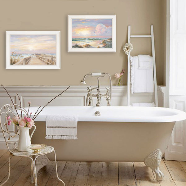 Homeroots Set Of Two Sunrise Sunset 2 White Framed Print Wall Art  Wood Paper 406156