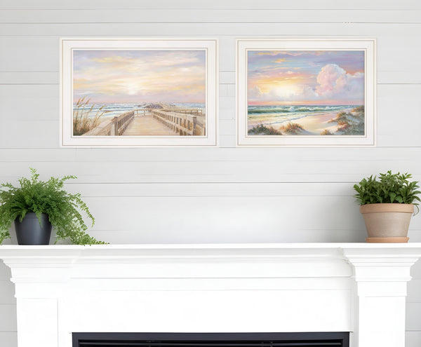 Homeroots Set Of Two Sunrise Sunset 2 White Framed Print Wall Art  Wood Paper 406156