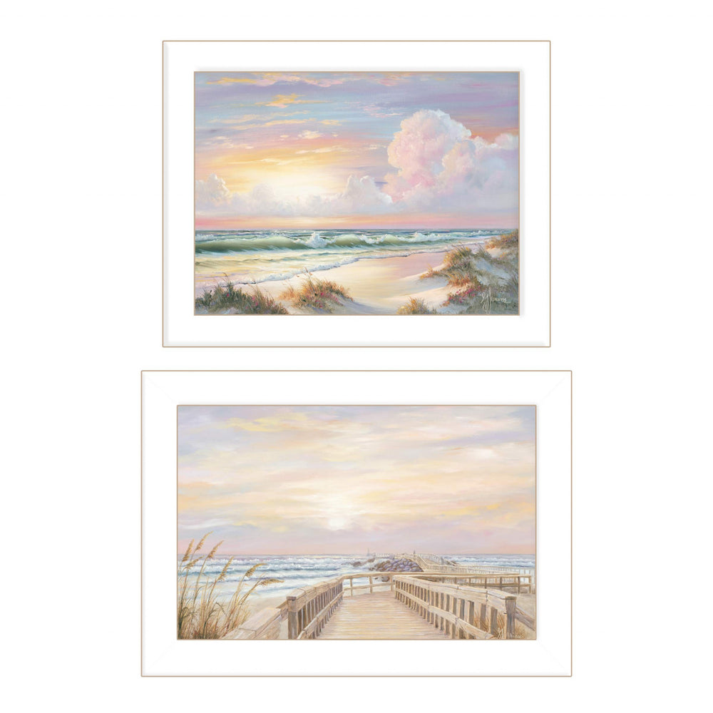 Homeroots Set Of Two Sunrise Sunset 3 White Framed Print Wall Art  Wood Paper 406157