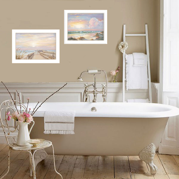 Homeroots Set Of Two Sunrise Sunset 3 White Framed Print Wall Art  Wood Paper 406157