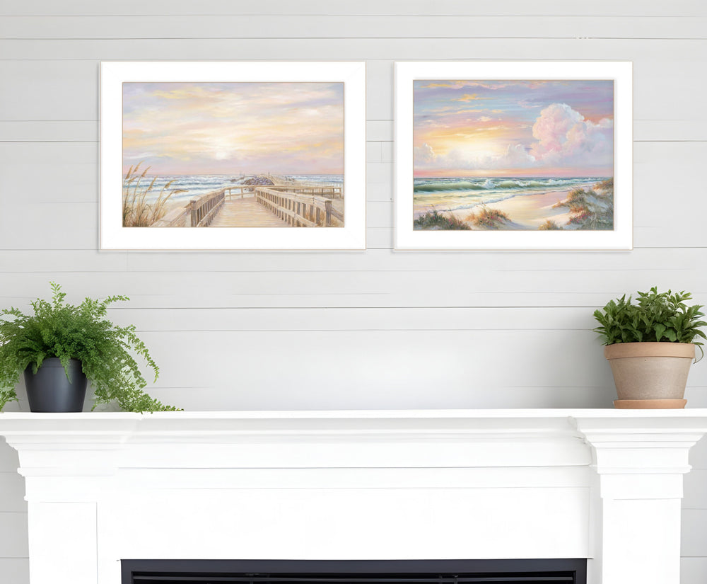 Homeroots Set Of Two Sunrise Sunset 3 White Framed Print Wall Art  Wood Paper 406157