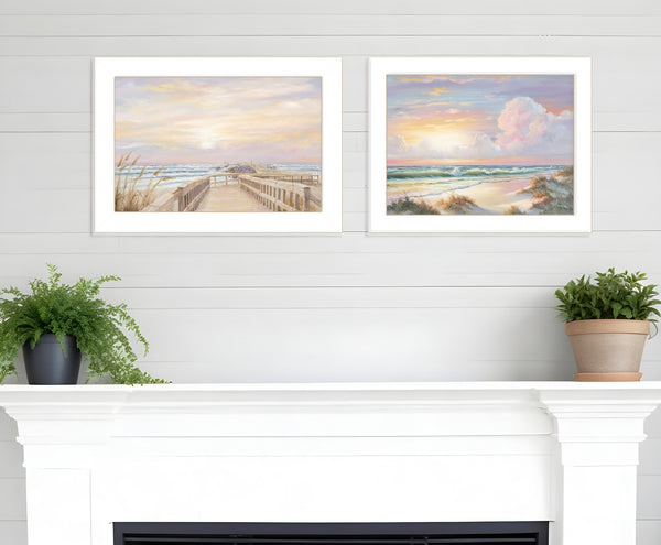 Homeroots Set Of Two Sunrise Sunset 3 White Framed Print Wall Art  Wood Paper 406157