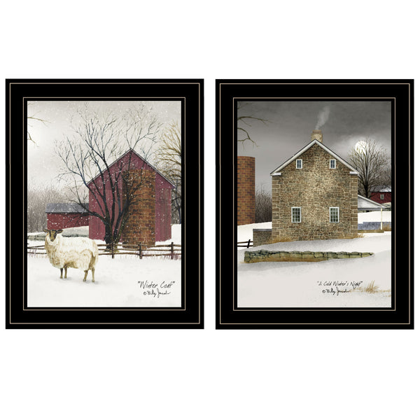 Homeroots Set Of Two Cold Winter 2 Black Framed Print Wall Art  Wood Paper 406171