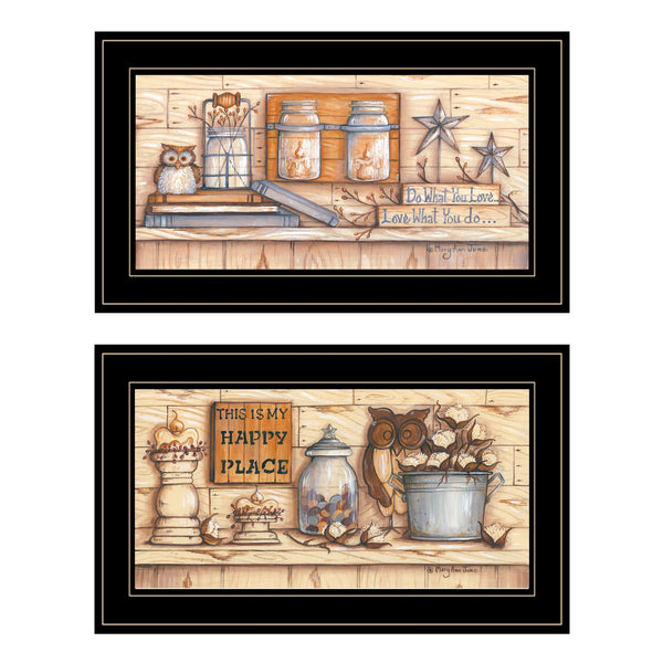 Homeroots Set Of Two My Happy Place 2 Black Framed Print Wall Art  Wood Paper 406177
