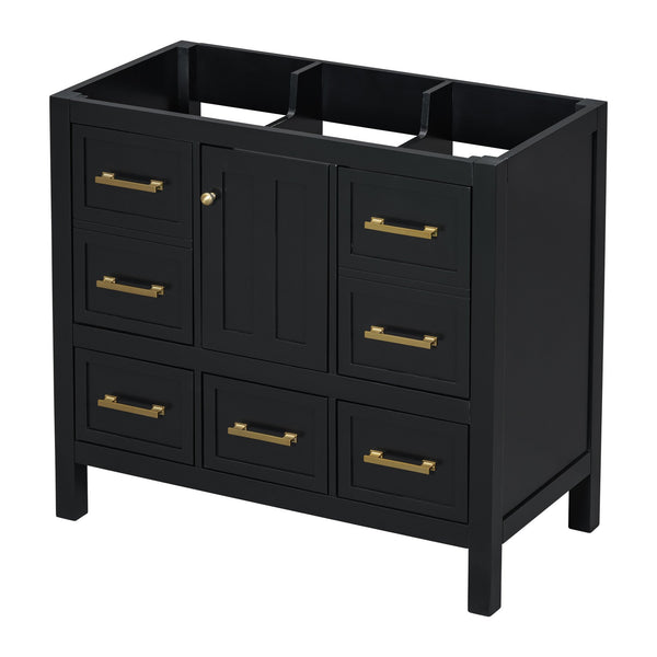 English Elm 36'' Bathroom Vanity Cabinet - Modern Solid Wood Freestanding Storage With 5 Drawers & Soft-Close Doors N710P256102B