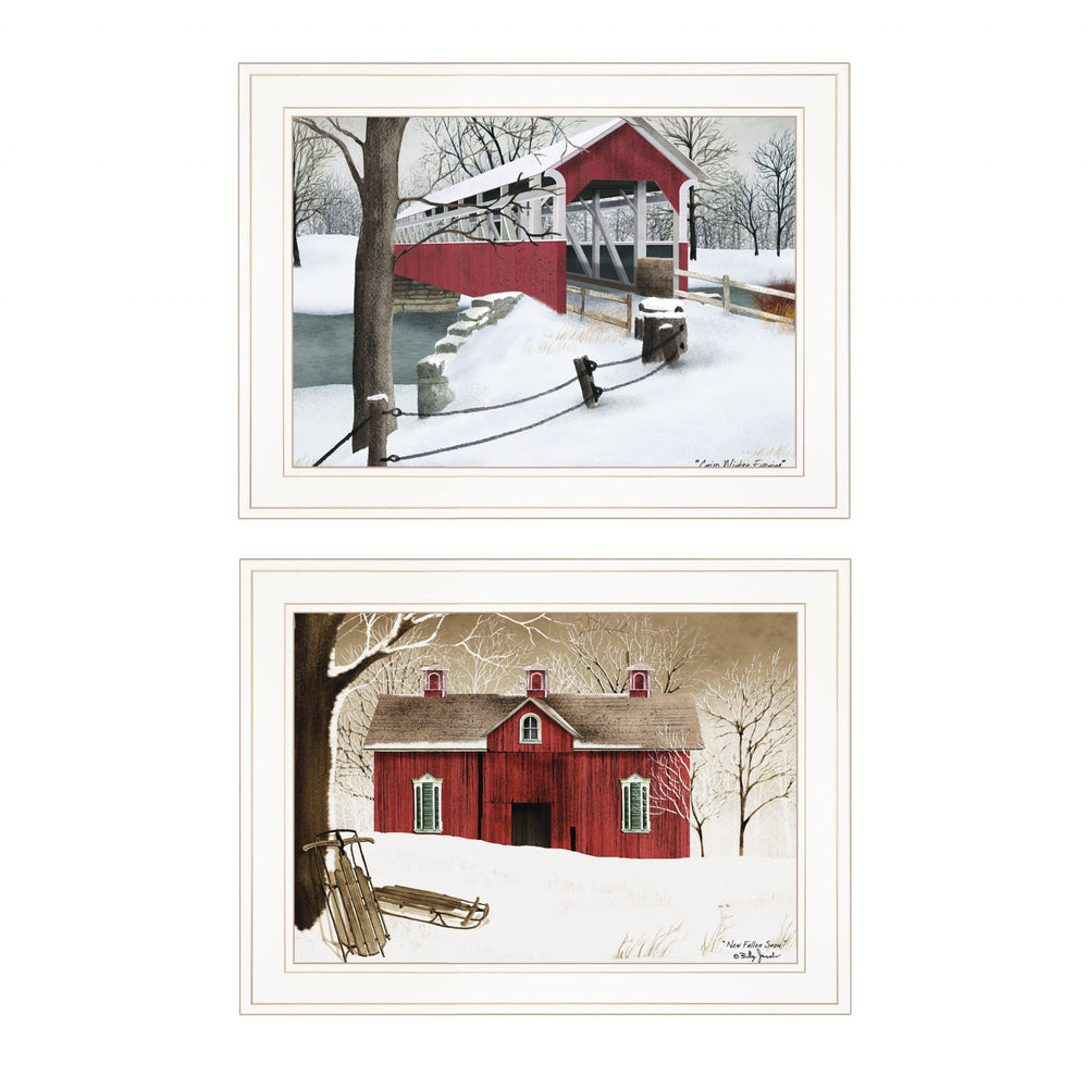 Homeroots Set Of Two Winter Evening 1 White Framed Print Wall Art  Wood Paper 406197