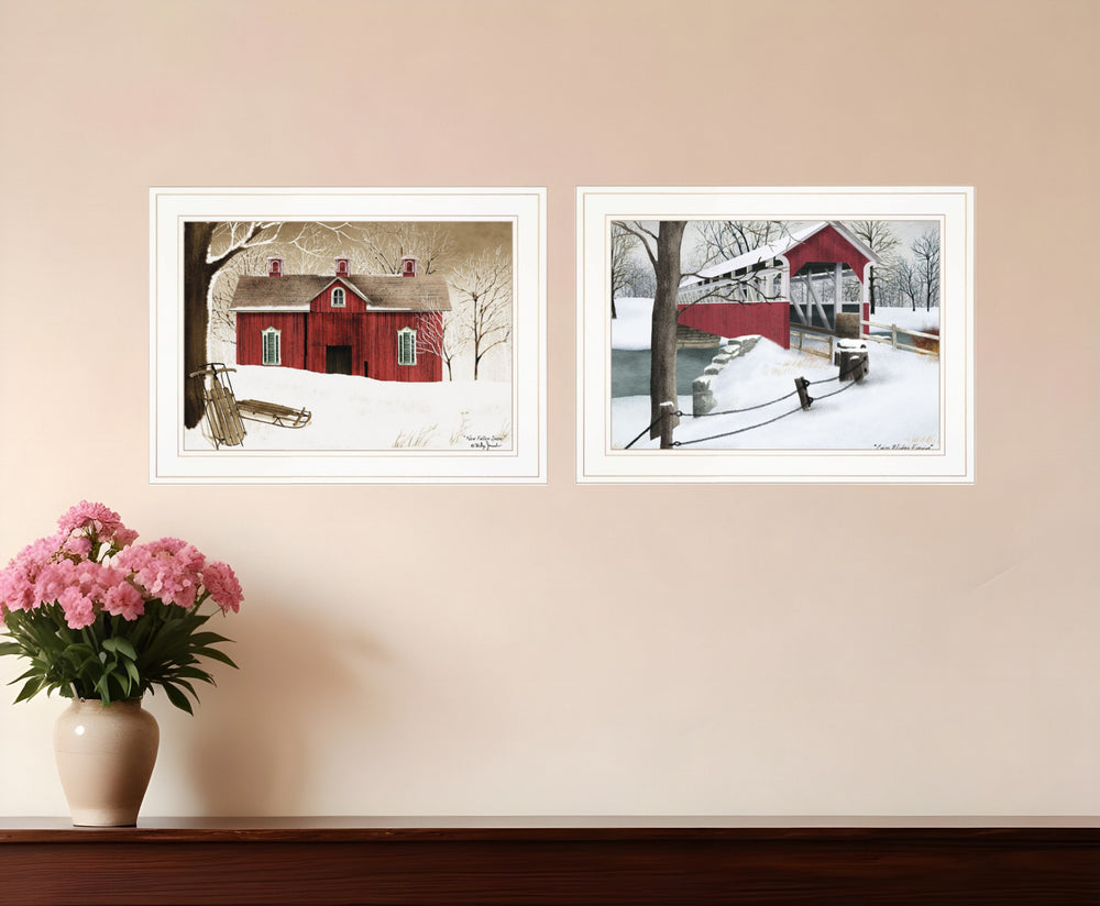 Homeroots Set Of Two Winter Evening 1 White Framed Print Wall Art  Wood Paper 406197