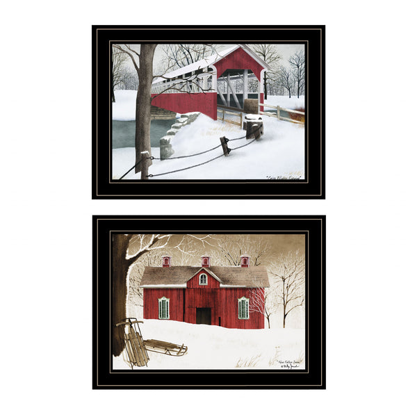 Homeroots Set Of Two Winter Evening 2 Black Framed Print Wall Art  Wood Paper 406198