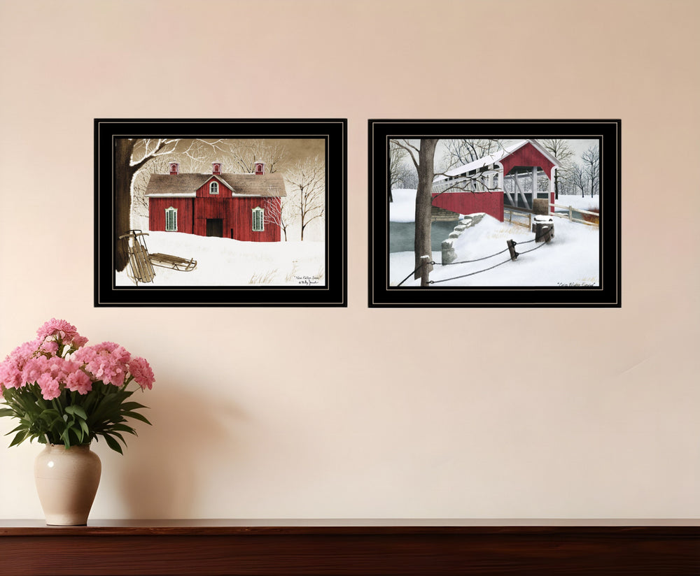 Homeroots Set Of Two Winter Evening 2 Black Framed Print Wall Art  Wood Paper 406198