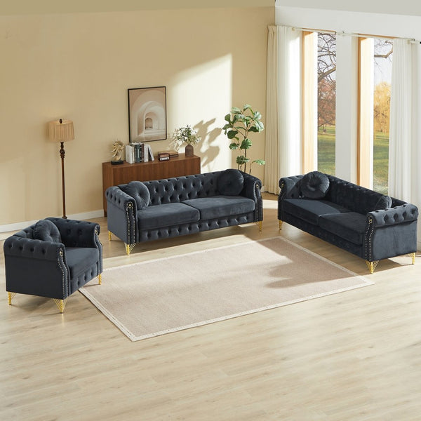English Elm Velvet Chesterfield Tufted Sofa with Copper Stud Trim and Gold Legs for Glam Living Black W834S00634
