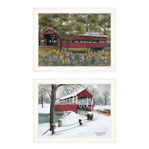Homeroots Set Of Two Covered Bridge Collection Iii White Framed Print Wall Art  Wood Paper 406203