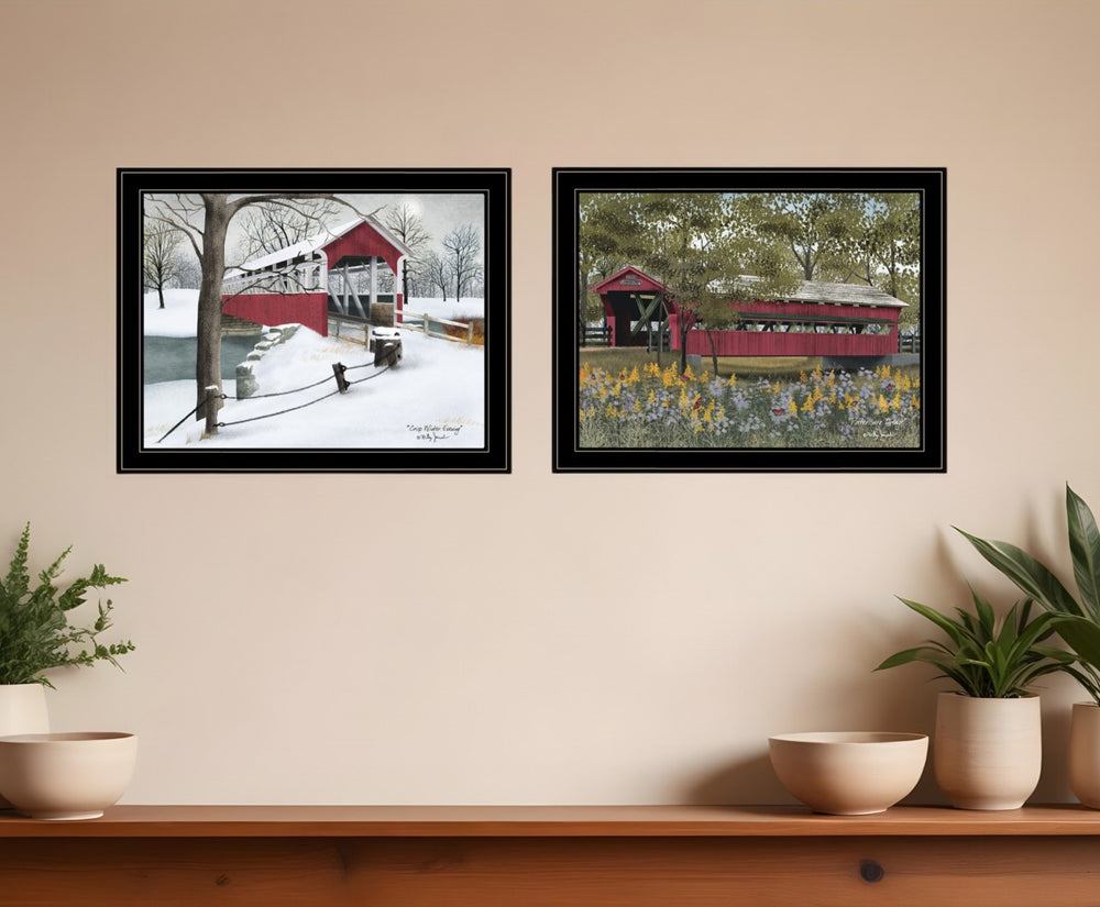 HomeRoots Set of Two Billy Jacobs Framed Prints - Covered Bridge Collection III for Rustic Wall Decor Elegance 406204