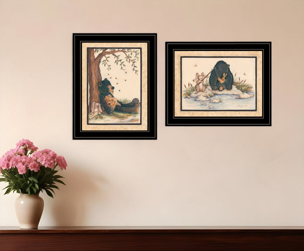 Homeroots Set Of Two Gone Fishing 2 Black Framed Print Wall Art  Wood Paper 406208