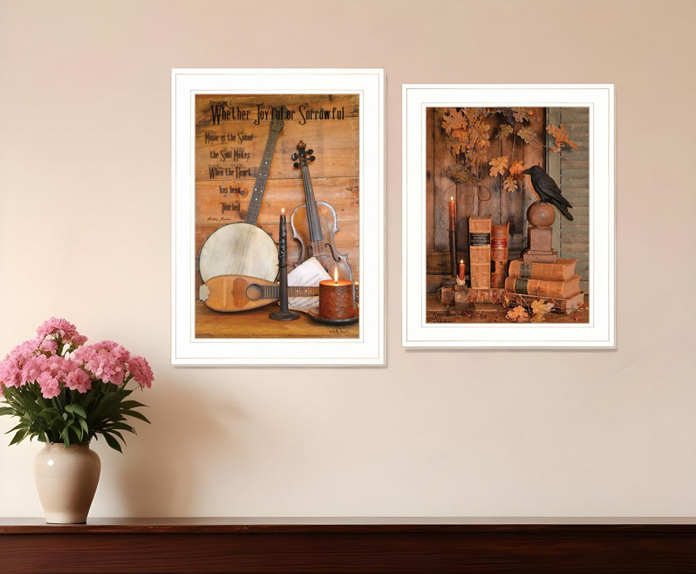 Homeroots Set Of Two Music Or Nevermore 1 White Framed Print Wall Art  Wood Paper 406209