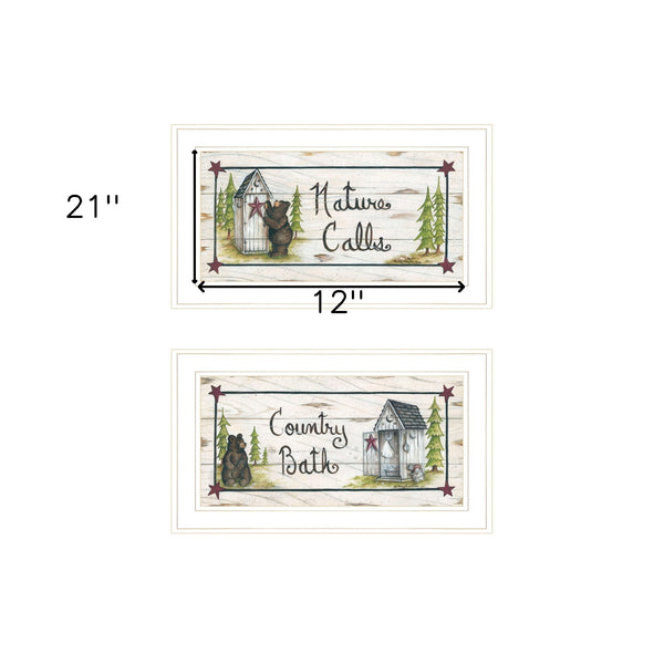 Homeroots Set Of Two Nature Calls 1 White Framed Print Bathroom Wall Art  Wood Paper 406211